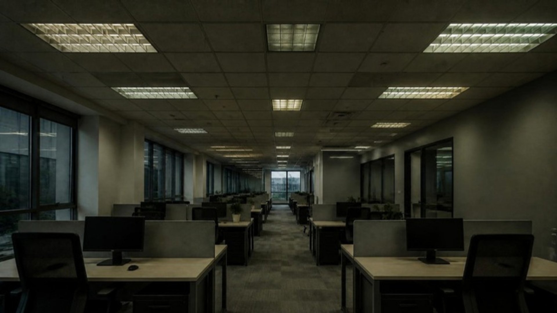 Büro mit alter Leuchtstoffröhren-Beleuchtung
